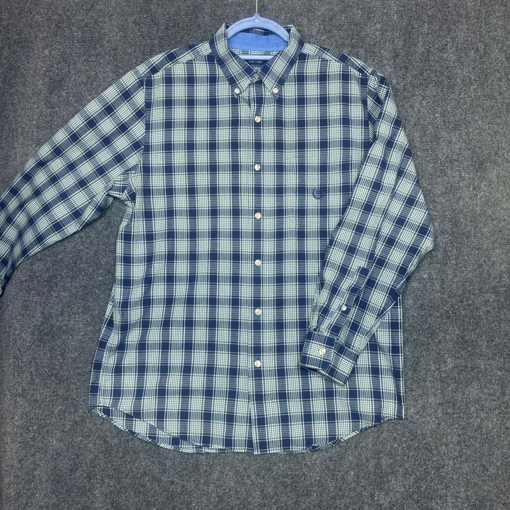 Chaps Button Down Shirt Mens Medium Navy Blue Green Plaid Easy Care Classic Prep